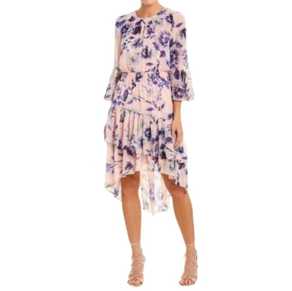 Eliza J Asymmetrical Hem Tiered Floral Dress Pink Size 14